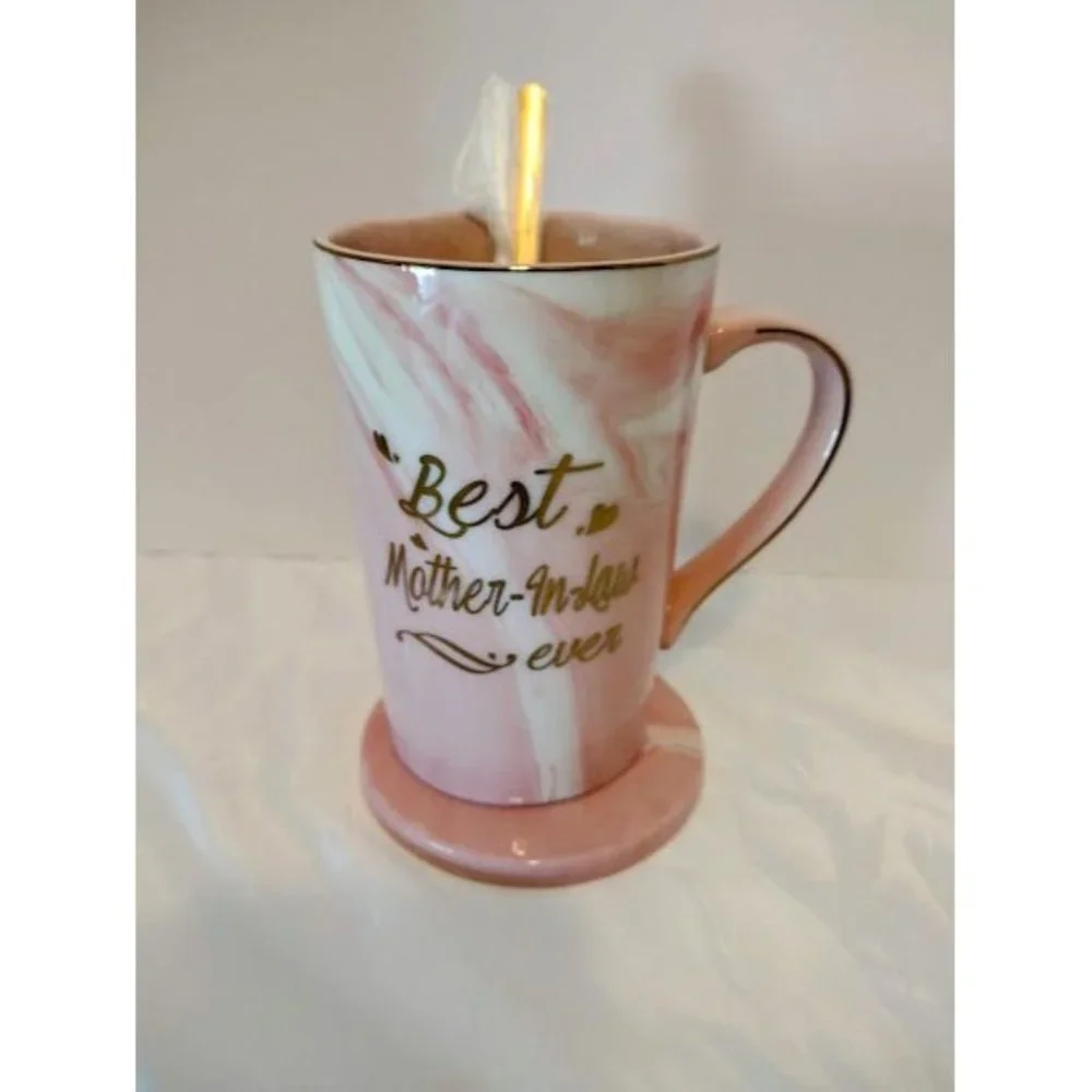 - Mother In Law Coffee Mug Gift Set Pink Marbled Ceramic Gold Trim letter,…